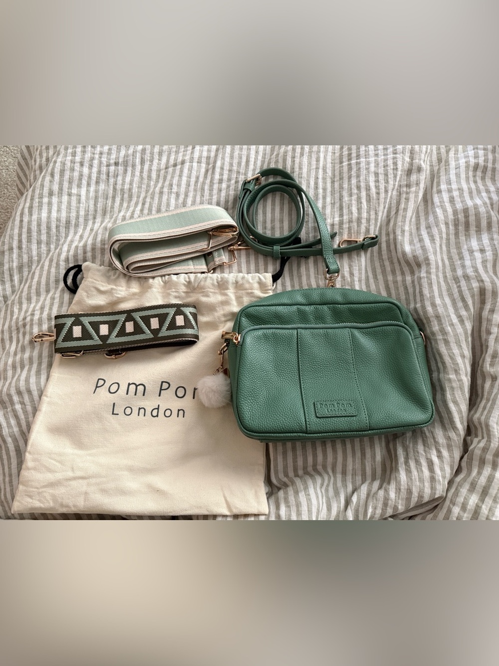 PomPom London Original Plus Green Leather Crossbody Bag with 3 Straps